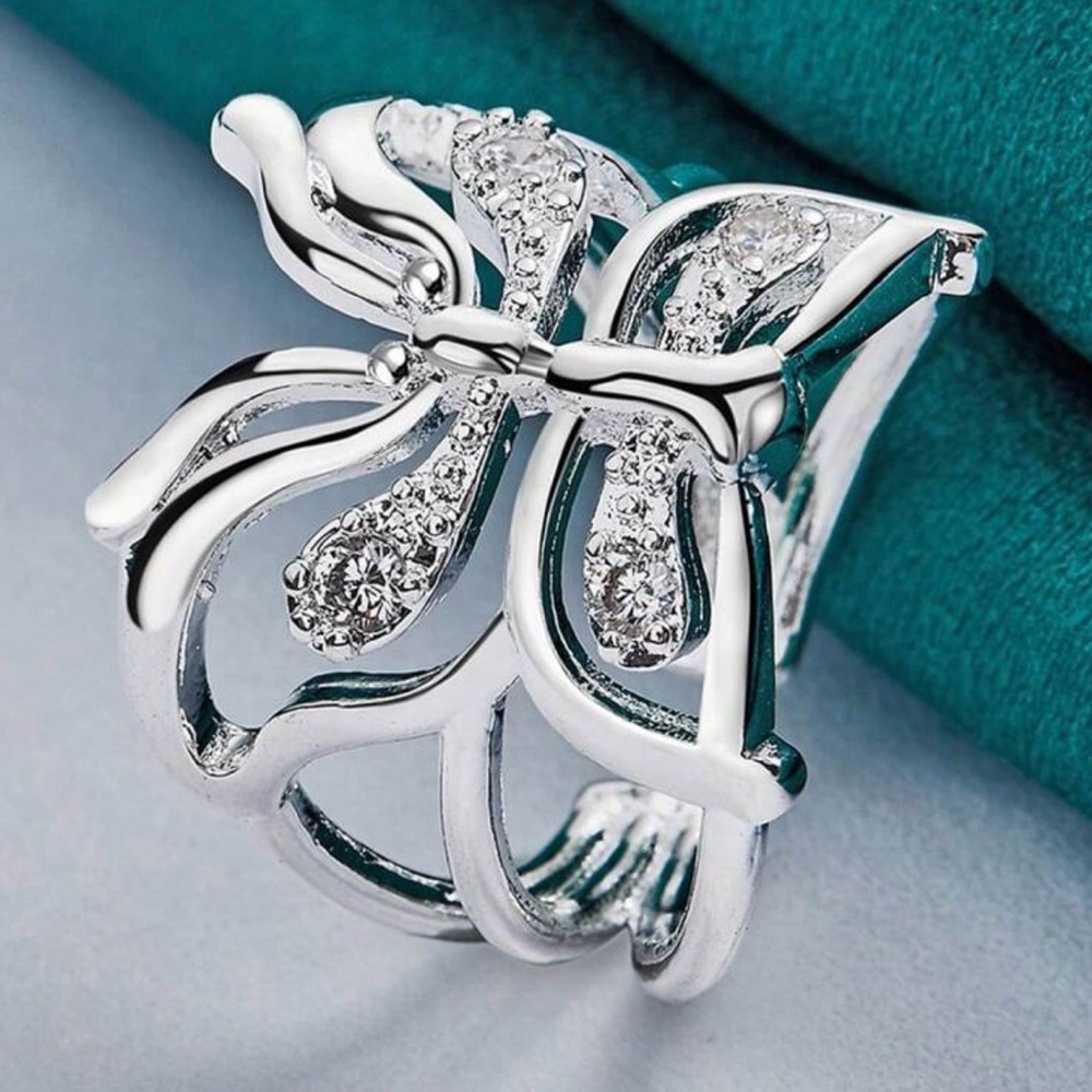 925 Sterling Silver Plated Butterfly Zirconia Open Ring For Women Wedding Charm
